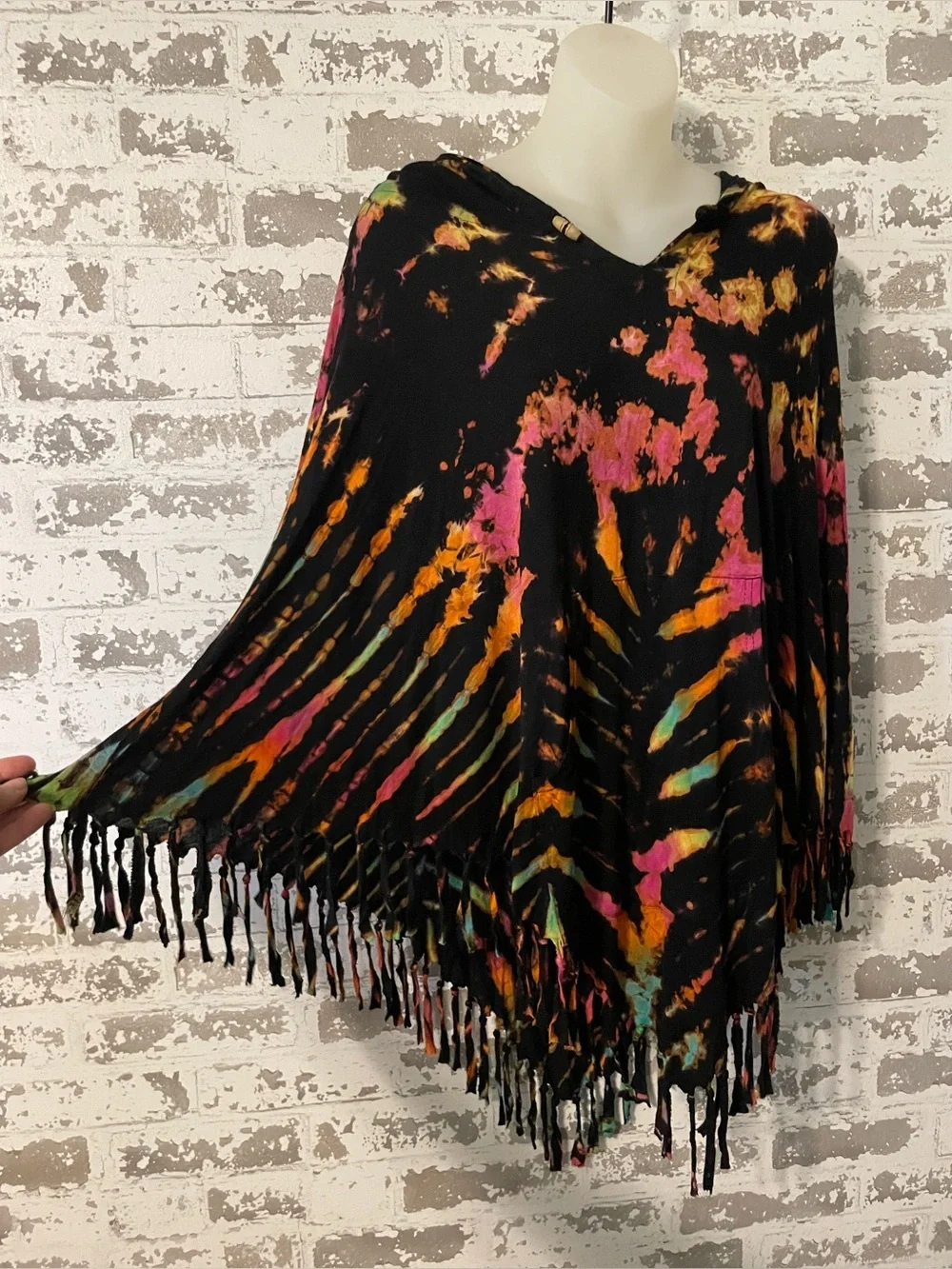 Festival Boho Tie Dye Hooded Fringe Poncho Top Kathmandu Imports One Size Cotton